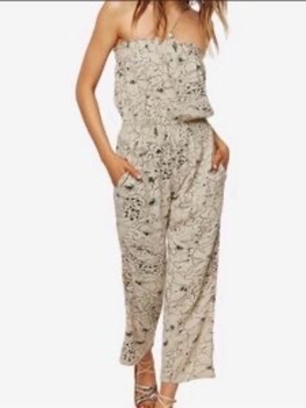 O'NEILL MERYL JUMPSUIT Strapless Natural with Black Floral Print MEDIUM